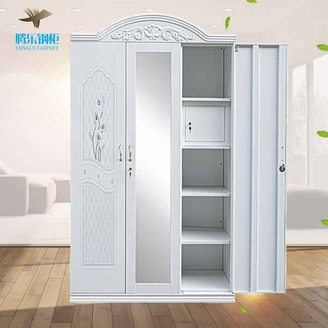 New design metal closet 3 swing door embossed wardrobe armario para ropa con espejo ropero