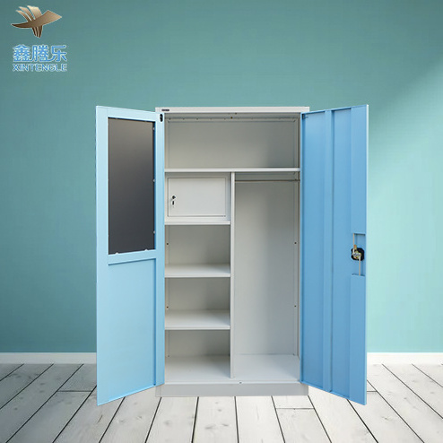 Hot Selling modern office furniture bedroom metal almirah storage clothes cabinet metal 2 swing doors steel wardrobe with mirror