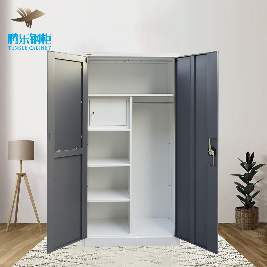 Hot Selling modern office furniture bedroom metal almirah storage clothes cabinet metal 2 swing doors steel wardrobe with mirror