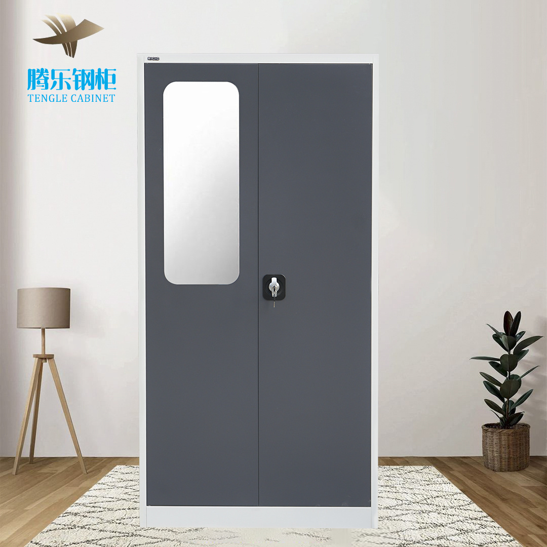 Hot Selling modern office furniture bedroom metal almirah storage clothes cabinet metal 2 swing doors steel wardrobe with mirror