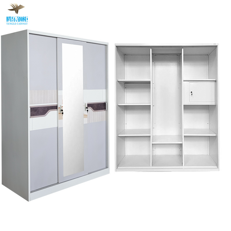 Guangdong Factory supplier low price custom pattern bedroom storage closet wardrobe 3 sliding doors metal printed wardrobe