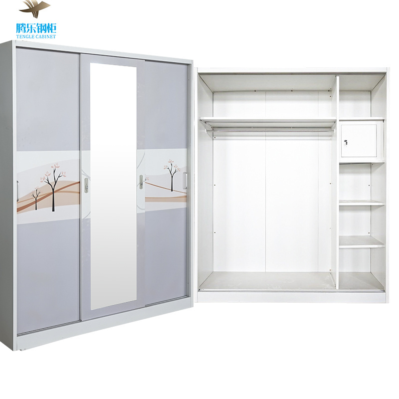 Guangdong Factory supplier low price custom pattern bedroom storage closet wardrobe 3 sliding doors metal printed wardrobe