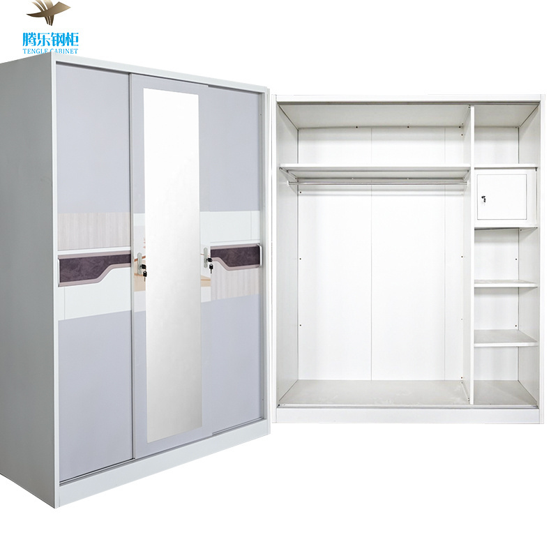 Guangdong Factory supplier low price custom pattern bedroom storage closet wardrobe 3 sliding doors metal printed wardrobe