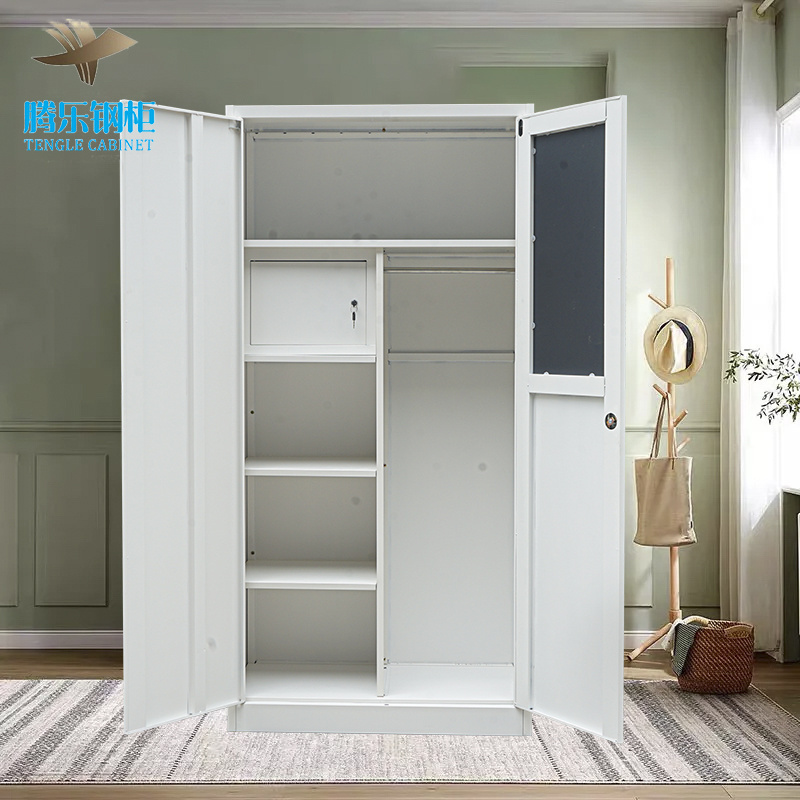 Wholesale 2  Door Metal Steel Wardrobes Bedroom Storage Closet Organizer Mirror Iron Almirah Steel Cabinet Clothes Wardrobes