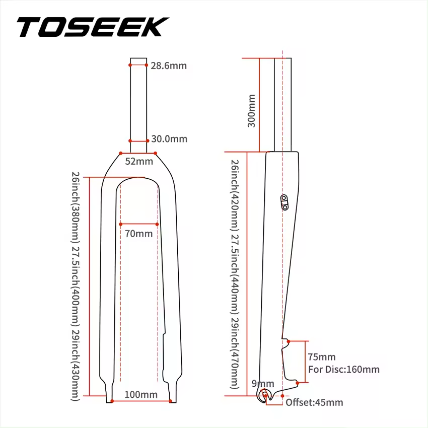 Full carbon straight tube Bike front fork Toseek mountain bicycle Hard fork Quick release disc brake mtb 26 /27.5 /29 inch fork