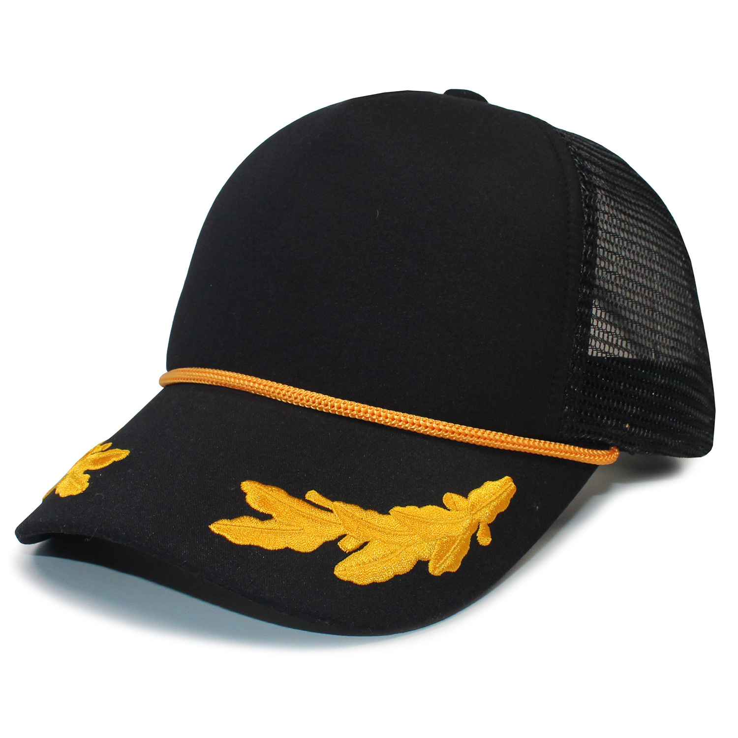 Captain Oak Leaf Embroidered Trucker Foam Mesh Cap with Yellow Rope