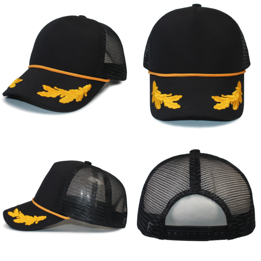 Captain Oak Leaf Embroidered Trucker Foam Mesh Cap with Yellow Rope