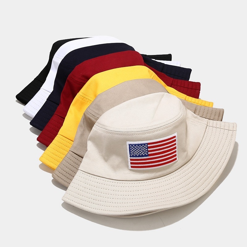 Colourful sunscreen solid color custom embroidered twill cotton usa flag bucket hat american flag