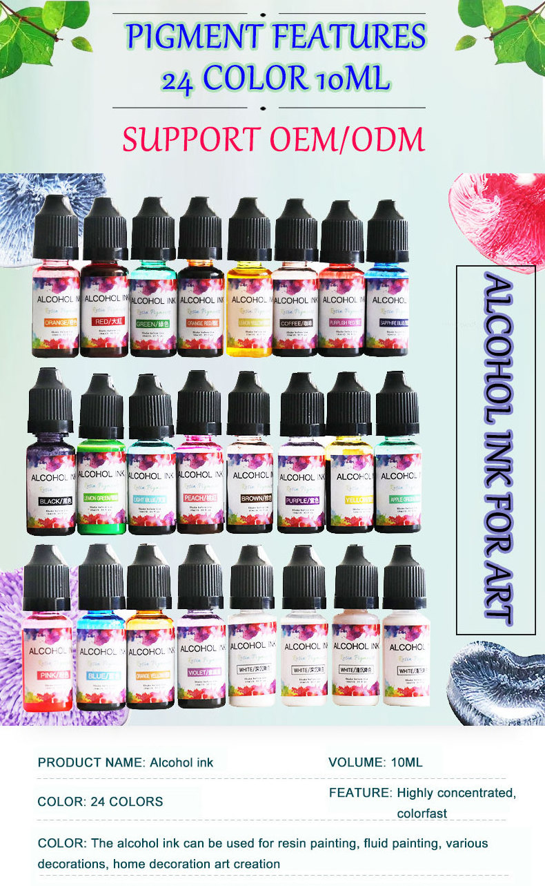 High Concentrated 24 colors 10ml Liquid Pigment Alcohol Based Ink for Epoxy Resin Paint and DIY Artwork