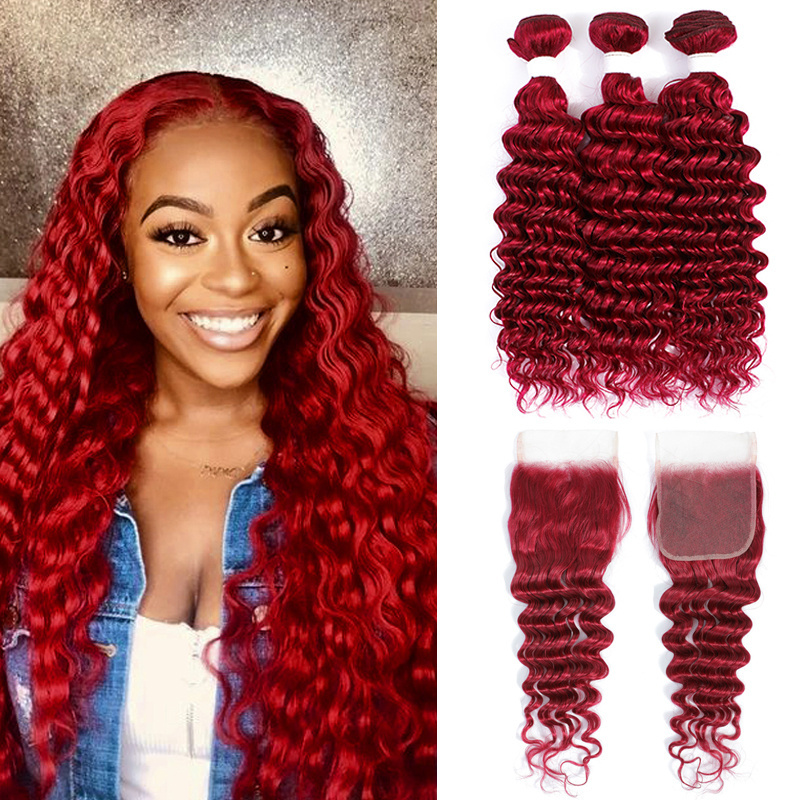 Deep Wave Hair 3/4 Bundles 99J 27/30/33 Blonde Color Brazilian Remy 100% Human Hair Bundles Weaving Weft