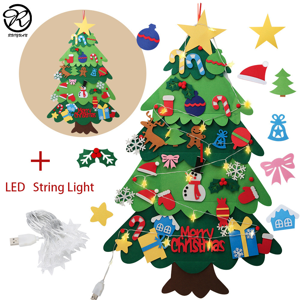 Educational DIY Felt Christmas Tree Set Kids Wall Hanging Felt Tree with 32 Toppers Xmas Ornaments and Light String