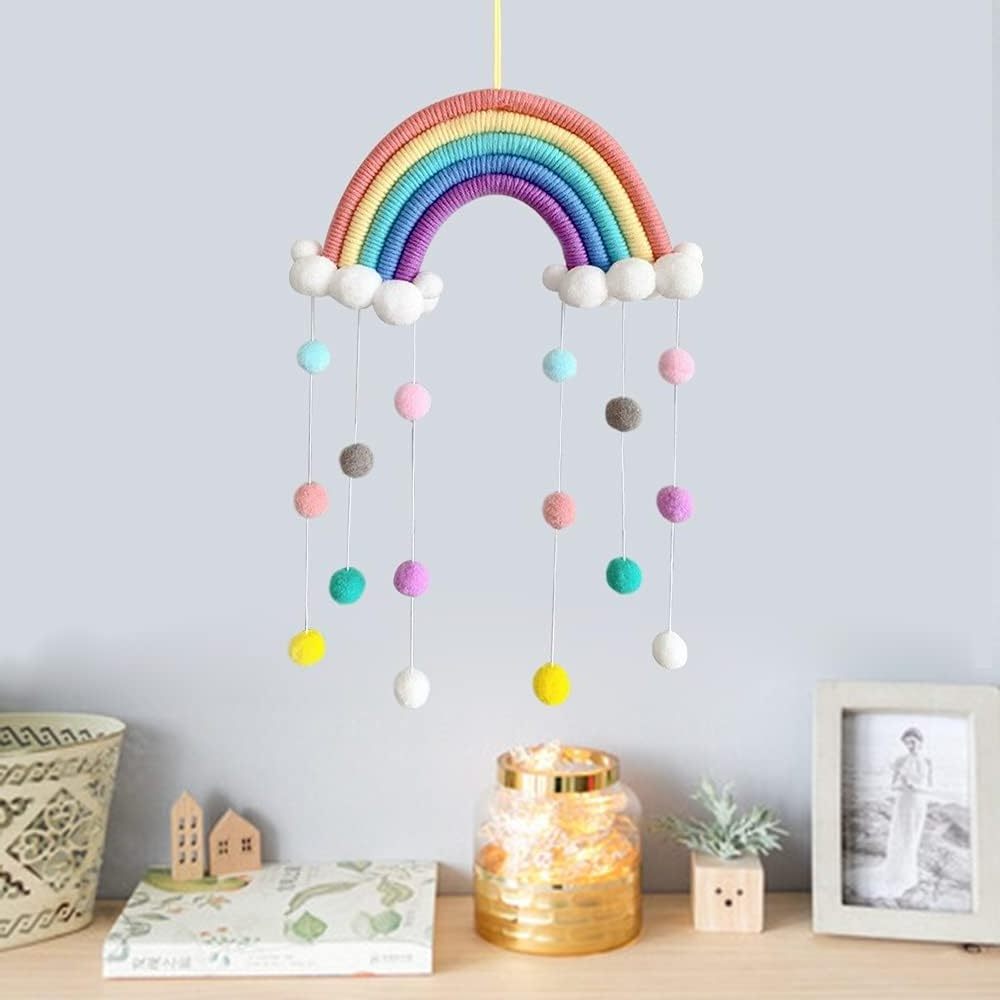 Rainbow Tapestry Clouds Hanging Decoration Handmade Braided Cords Pom-Pom Macrame Woven Felt Balls Wall Hanging Nursery Decor