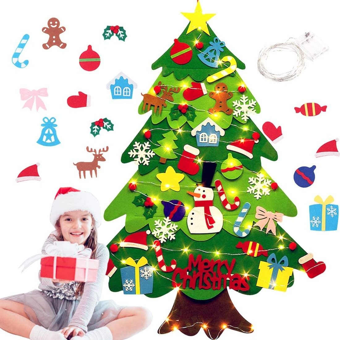 Educational DIY Felt Christmas Tree Set Kids Wall Hanging Felt Tree with 32 Toppers Xmas Ornaments and Light String