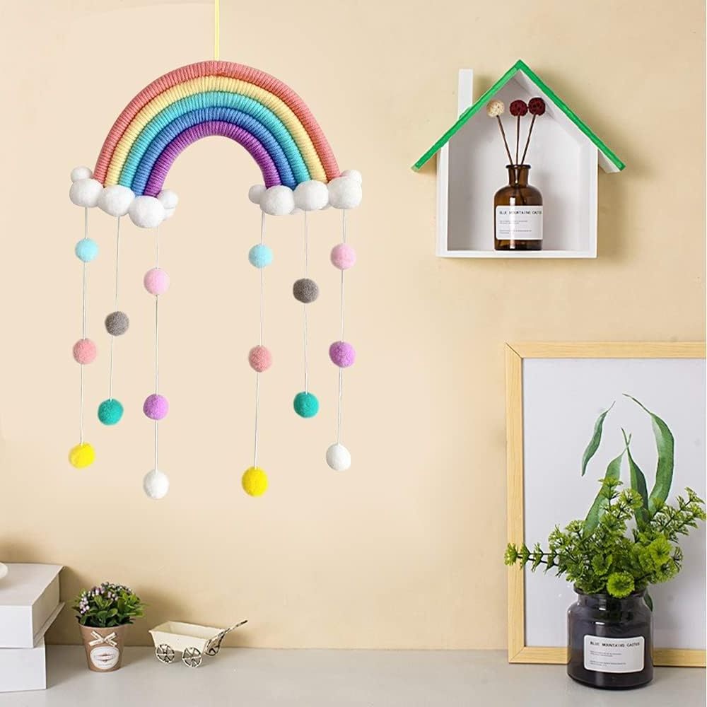 Rainbow Tapestry Clouds Hanging Decoration Handmade Braided Cords Pom-Pom Macrame Woven Felt Balls Wall Hanging Nursery Decor