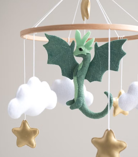 Dragon Crib mobile nursery clouds and gold stars baby mobile fantasy nursery decor