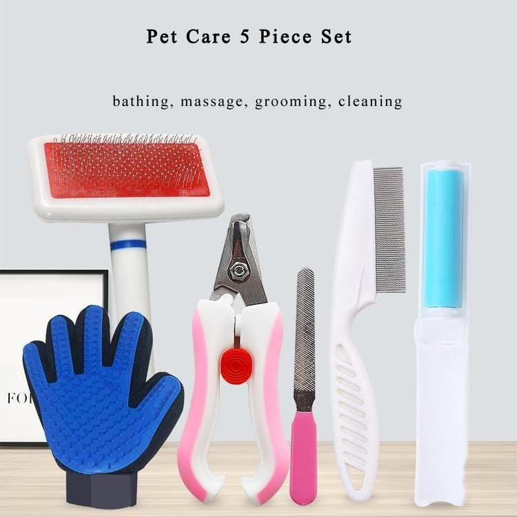 Pet Grooming Kit with Grooming Shedding Slicker Brush Flea Comb Nail Clipper Bath Massage Glove Brush Universal Cats Dog