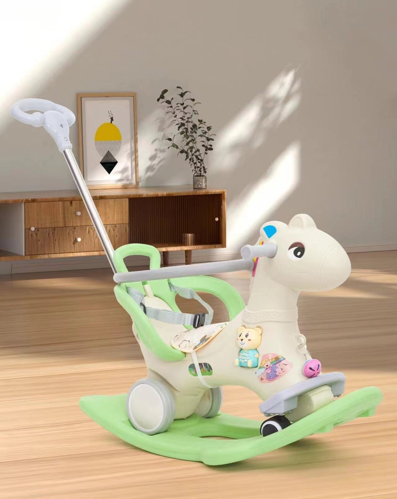 wholesale standard Swing Car Kids Soft Solid Wooden Plywood Cute Plush Toy Deer Baby Girl Rocking Horse for Outdoor Playground