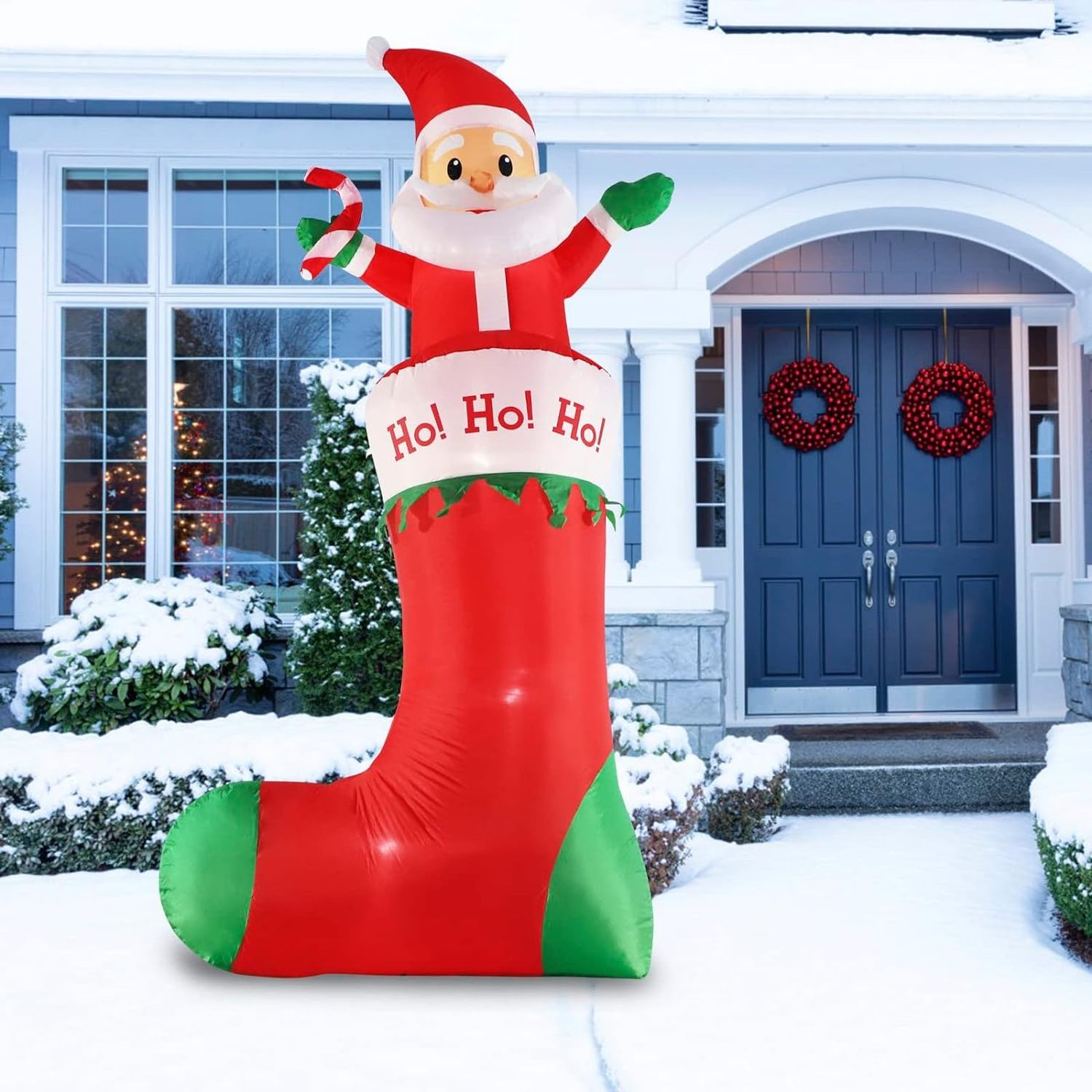 Customized 10FT Inflatable Santa Claus Holding Candy Standing on Christmas Socks Outdoor Christmas Inflatable Decoration