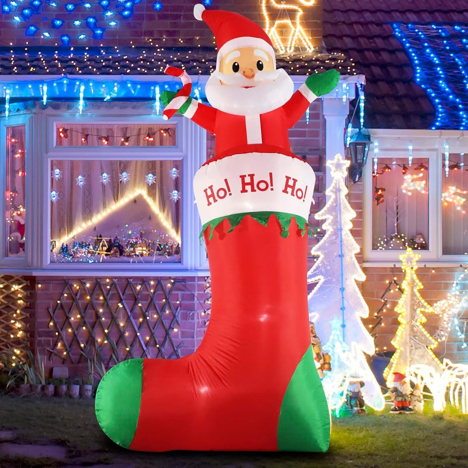 Customized 10FT Inflatable Santa Claus Holding Candy Standing on Christmas Socks Outdoor Christmas Inflatable Decoration