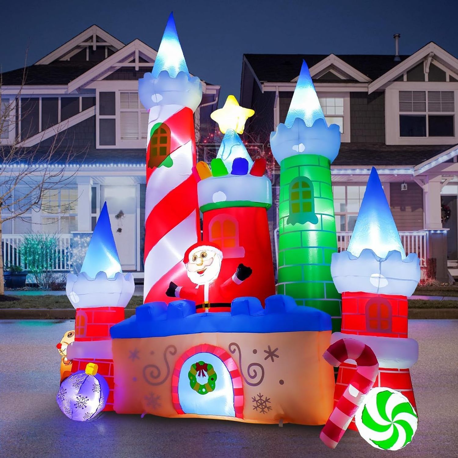 Factory Custom Giant Inflatable Candy Castle with Santa Claus and Elk Outdoor Yard Lawn Christmas inflatable decoration