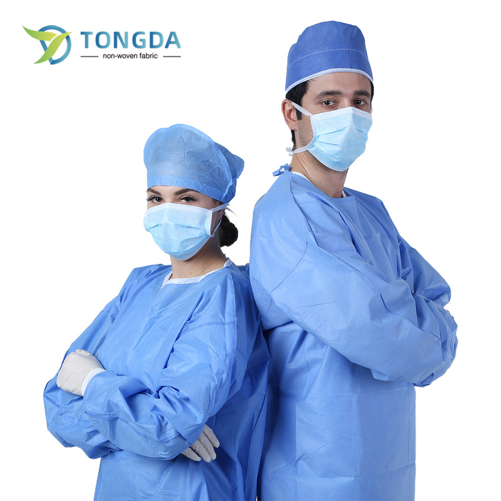 Blue standard reinforced disposable surgical non woven waterproof lab coat with single collar Surgical Gown