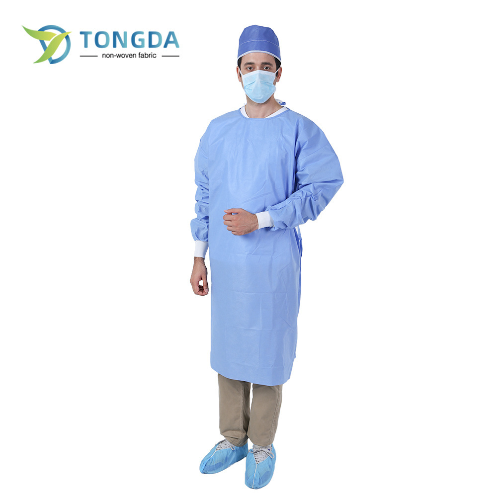 Blue standard reinforced disposable surgical non woven waterproof lab coat with single collar Surgical Gown