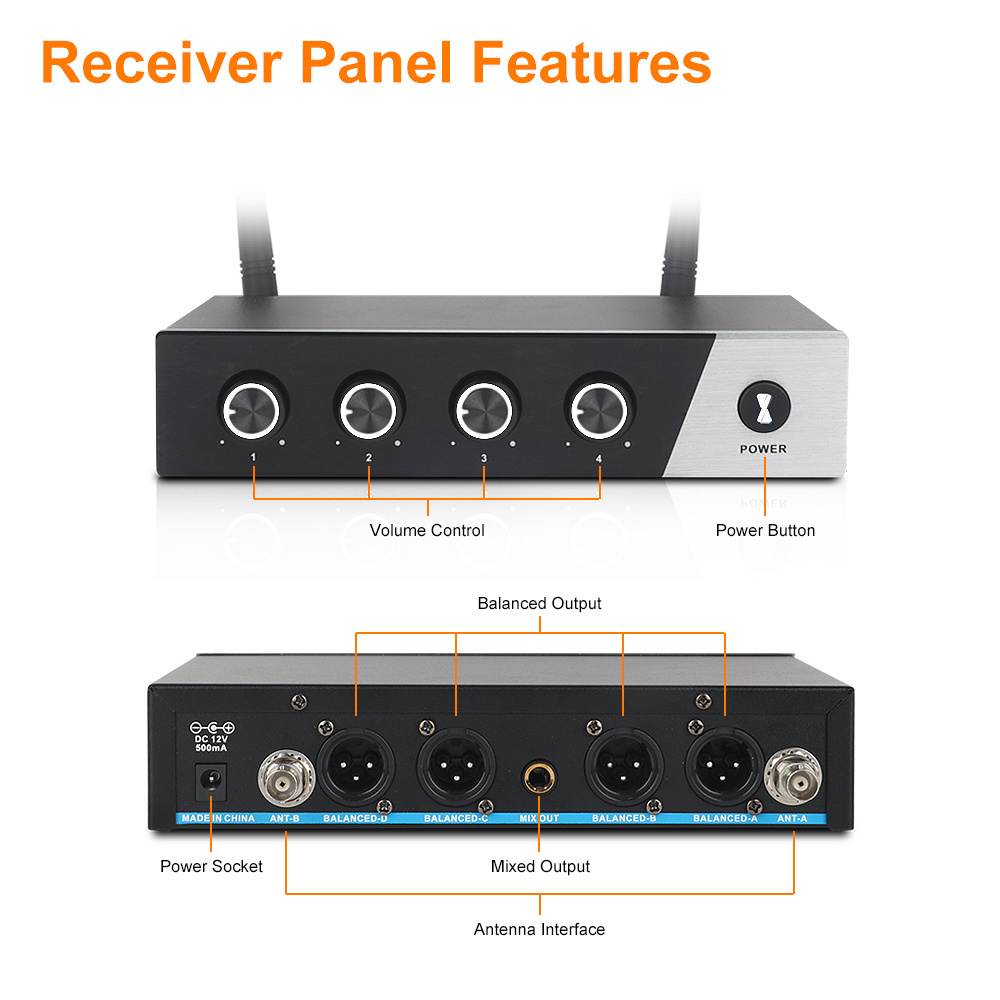 High-quality wireless mic system four handheld 4 channel UHF  microphone sets