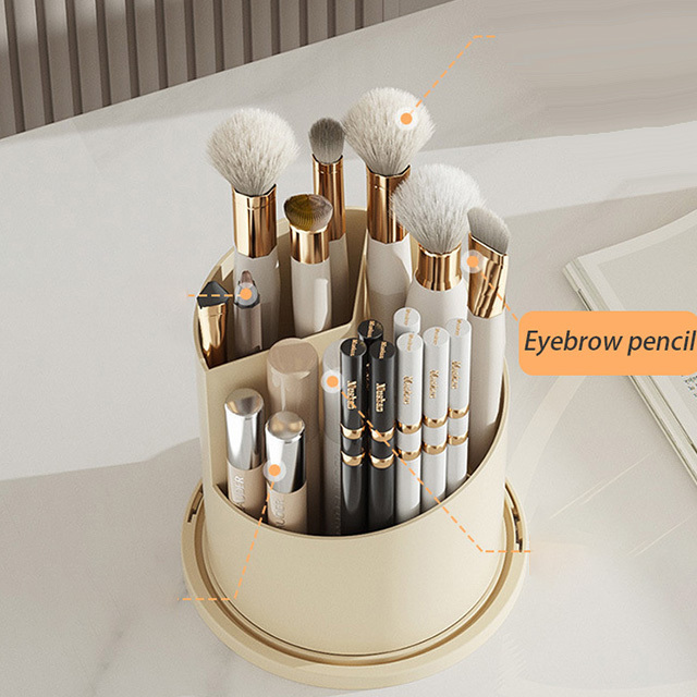 Desk Bin Makeup Organizer Box Bedroom - Rotating Cosmetic Brush Storage Bucket With Lid