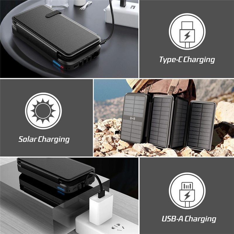 Multi-functional 20000mah Outdoor Waterproof Wireless Fast Charging Power Bank Solar Mobile Power Supply ABS 20W Usb Waterproof