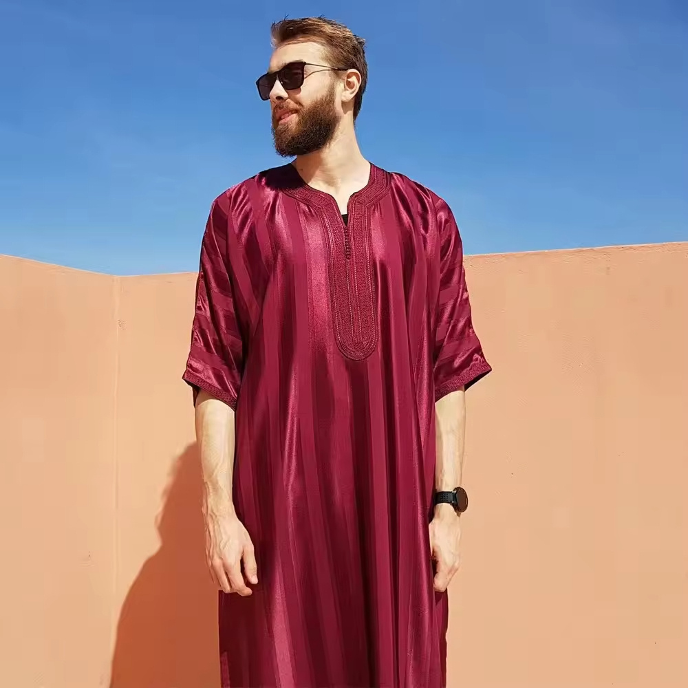 Middle East Muslim Men Saudi Dubai Arab Robe Kaftan Morocco Half Sleeve Embroidered Abaya Islamic Thobes