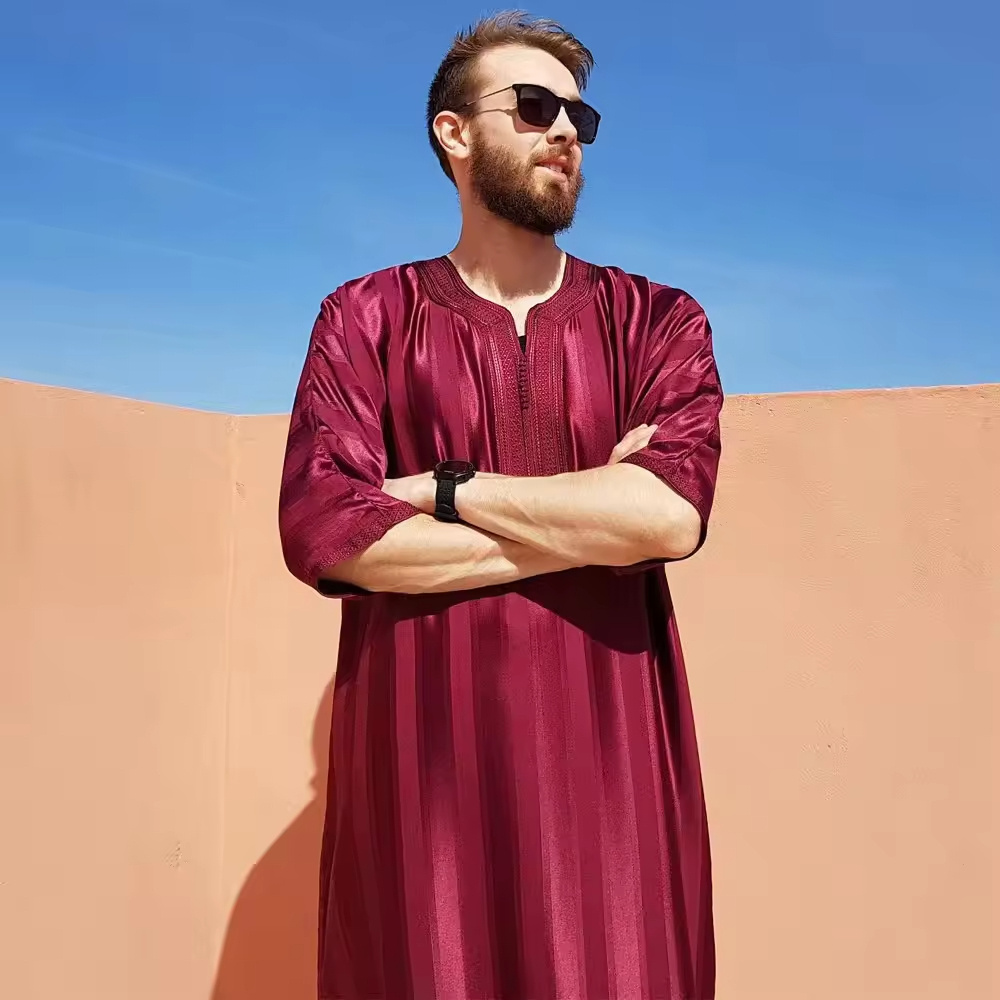 Middle East Muslim Men Saudi Dubai Arab Robe Kaftan Morocco Half Sleeve Embroidered Abaya Islamic Thobes