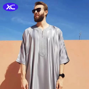 Middle East Muslim Men Saudi Dubai Arab Robe Kaftan Morocco Half Sleeve Embroidered Abaya Islamic Thobes