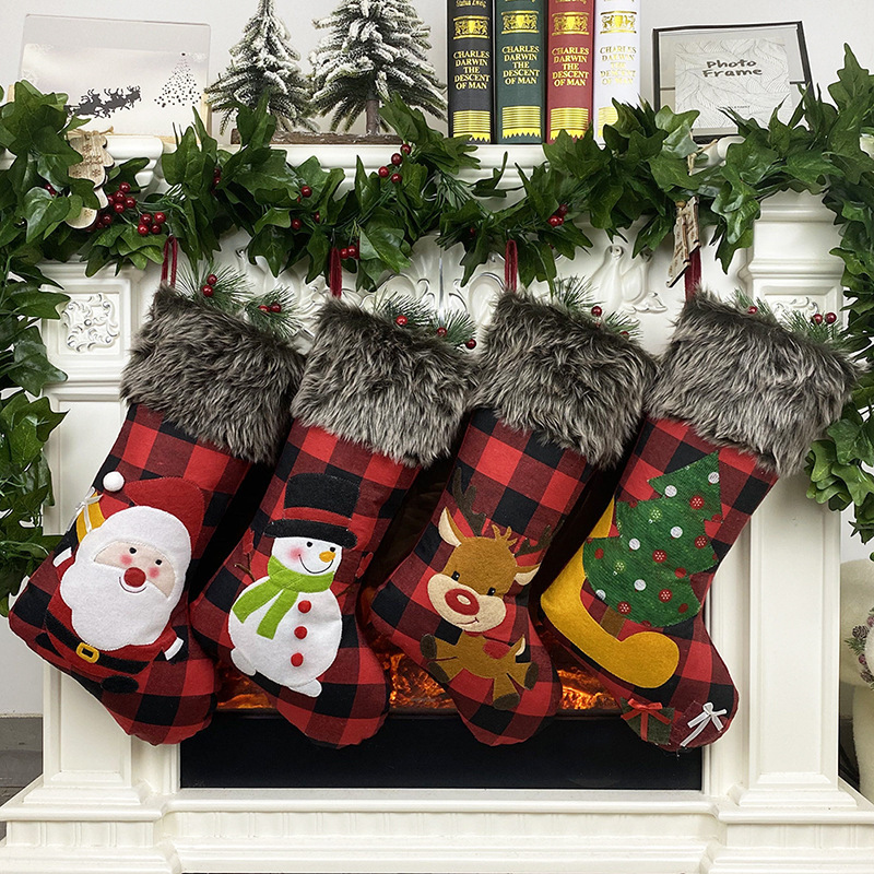 Christmas Xmas Stockings Burlap Style With Santa Snowman Reindeer Plush Faux Fur Cuff Stockings For Fireplace Hanging Home Decor