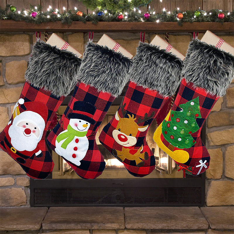 Christmas Xmas Stockings Burlap Style With Santa Snowman Reindeer Plush Faux Fur Cuff Stockings For Fireplace Hanging Home Decor