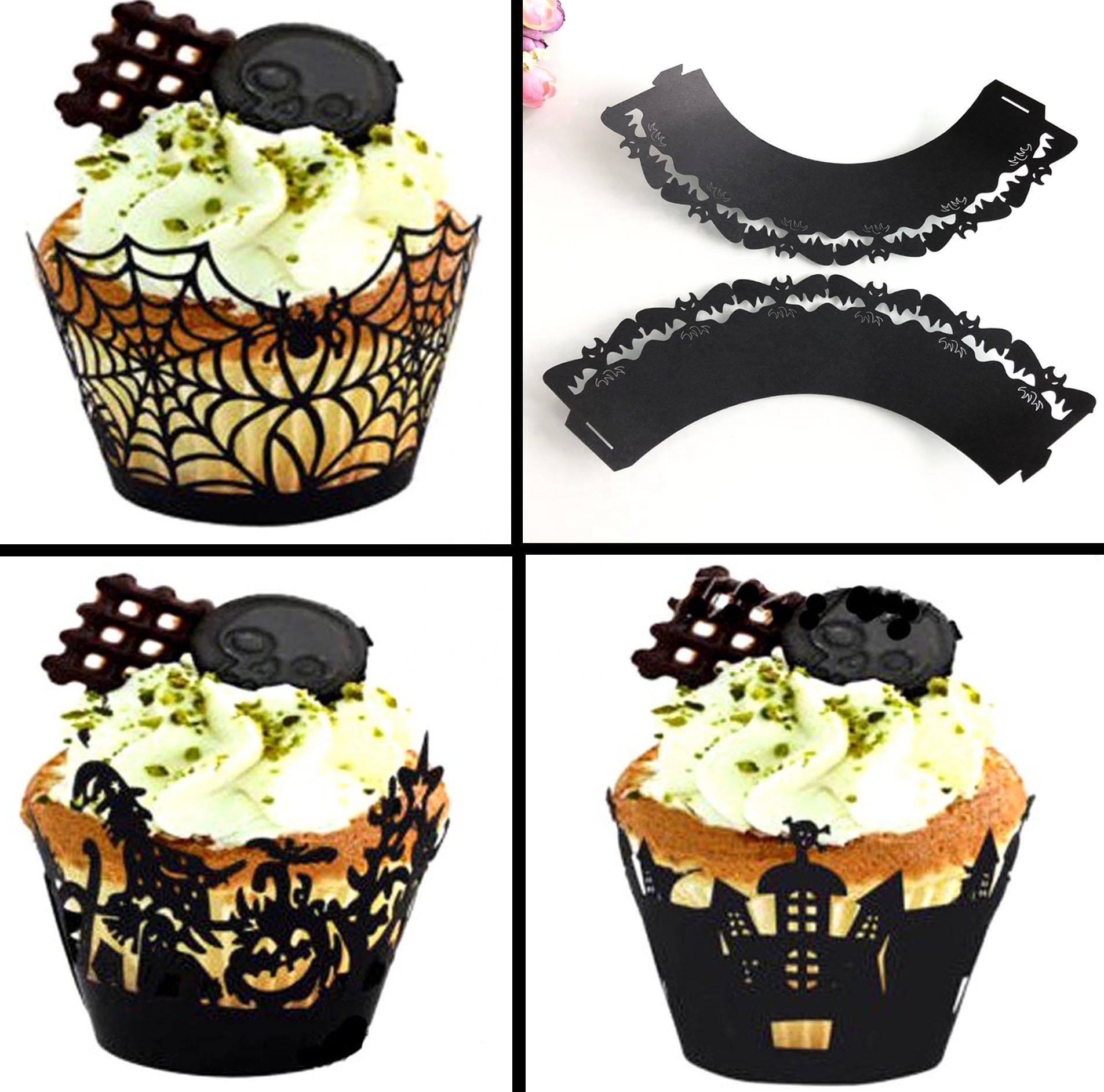 New Halloween 12PCS Paper Black Cupcake Wrappers Ghost Festival Party Pumpkin Bat Spider Cake Decoration Card XQ513