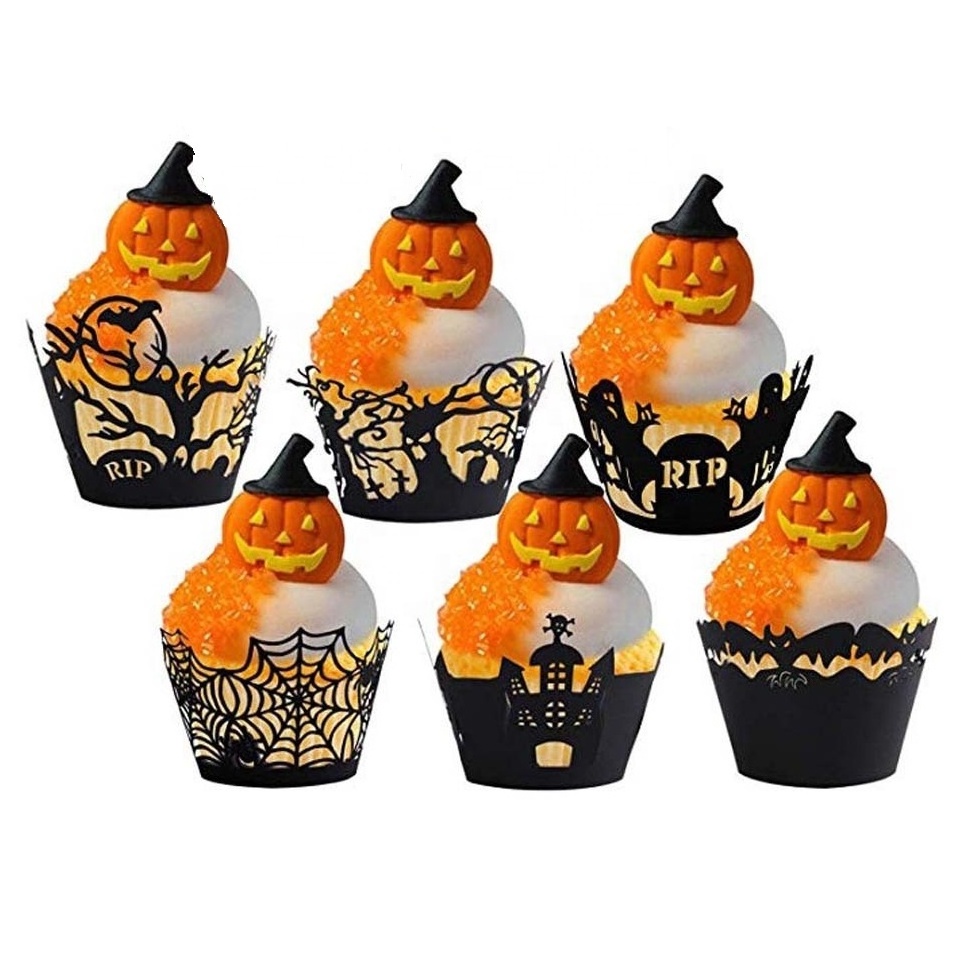 New Halloween 12PCS Paper Black Cupcake Wrappers Ghost Festival Party Pumpkin Bat Spider Cake Decoration Card XQ513