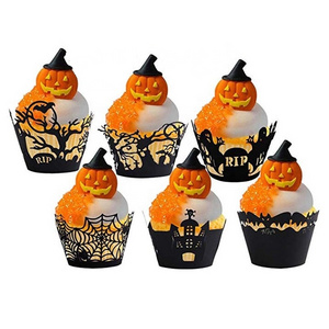 New Halloween 12PCS Paper Black Cupcake Wrappers Ghost Festival Party Pumpkin Bat Spider Cake Decoration Card XQ513