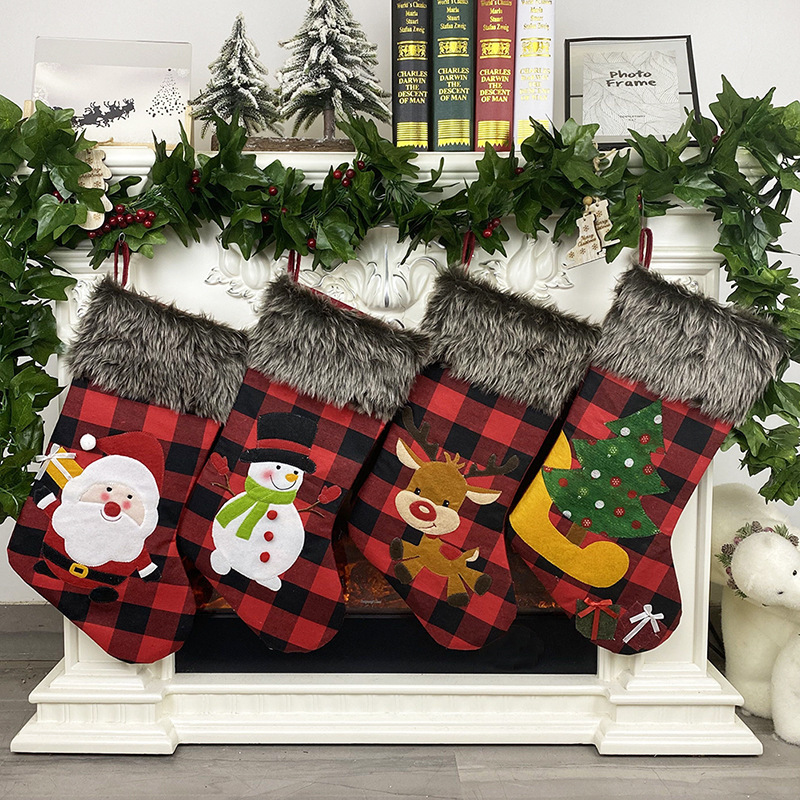 Christmas Xmas Stockings Burlap Style With Santa Snowman Reindeer Plush Faux Fur Cuff Stockings For Fireplace Hanging Home Decor