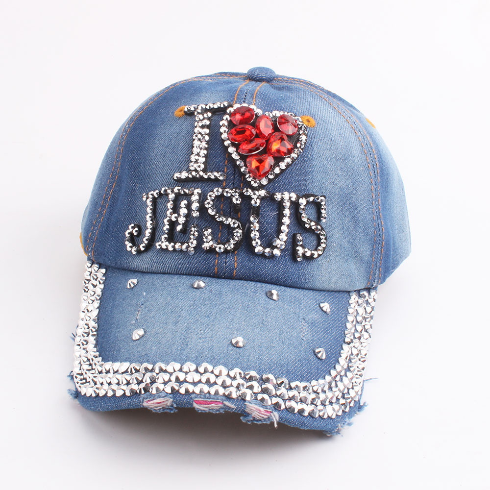 Wholesale Women Baseball Caps Letter I LOVE JESUS Rhinestone Rivet Denim Baseball Cap