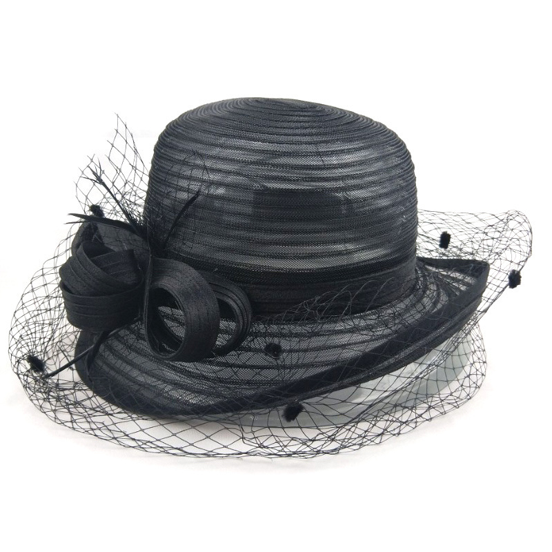 Wholesale women plain organza church hat elegant ladies wedding hats with mesh decoration