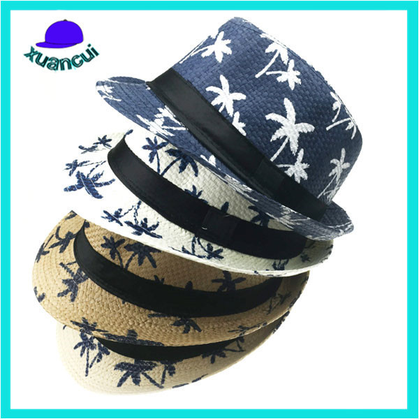 Fashion printed custom jazzy sun hat cheap paper straw fedora hats wholesale