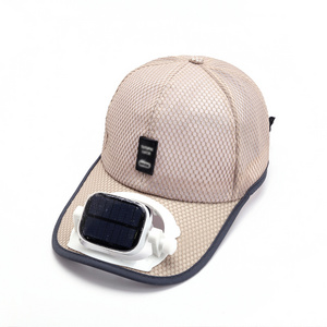 Wholesale summer cooling USB charging mesh cap custom beige solar powered fan cap hat