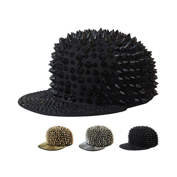 Solid black plastic strap buckle durian style full rivet decoration snapback hat for christmas