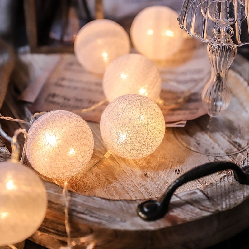 Led Battery Operated Christmas Rattan Cotton Ball String Lights For Indoor Nursery Home Decoration