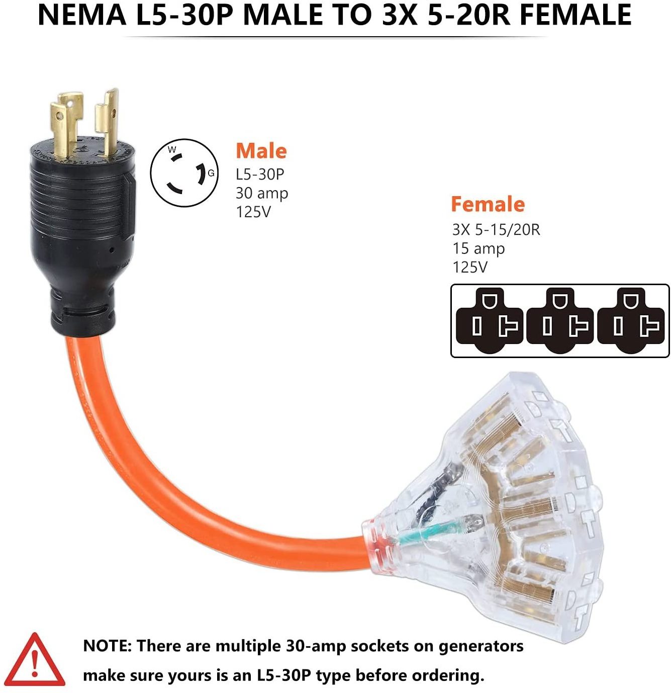 NEMA 14-50P RV/Geneator Plug to 4X 5-15/20R 20 Amp Household Tri Outlet Female Connectors Adapter Cord,1.5 FT,Orange