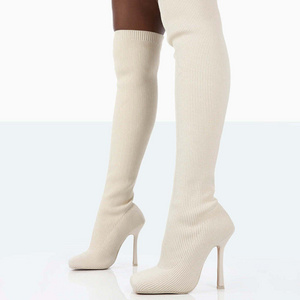 plus size high quality pointed toe thick heel knitted over-the-knee boots women's elastic socks pink boots thigh high boots