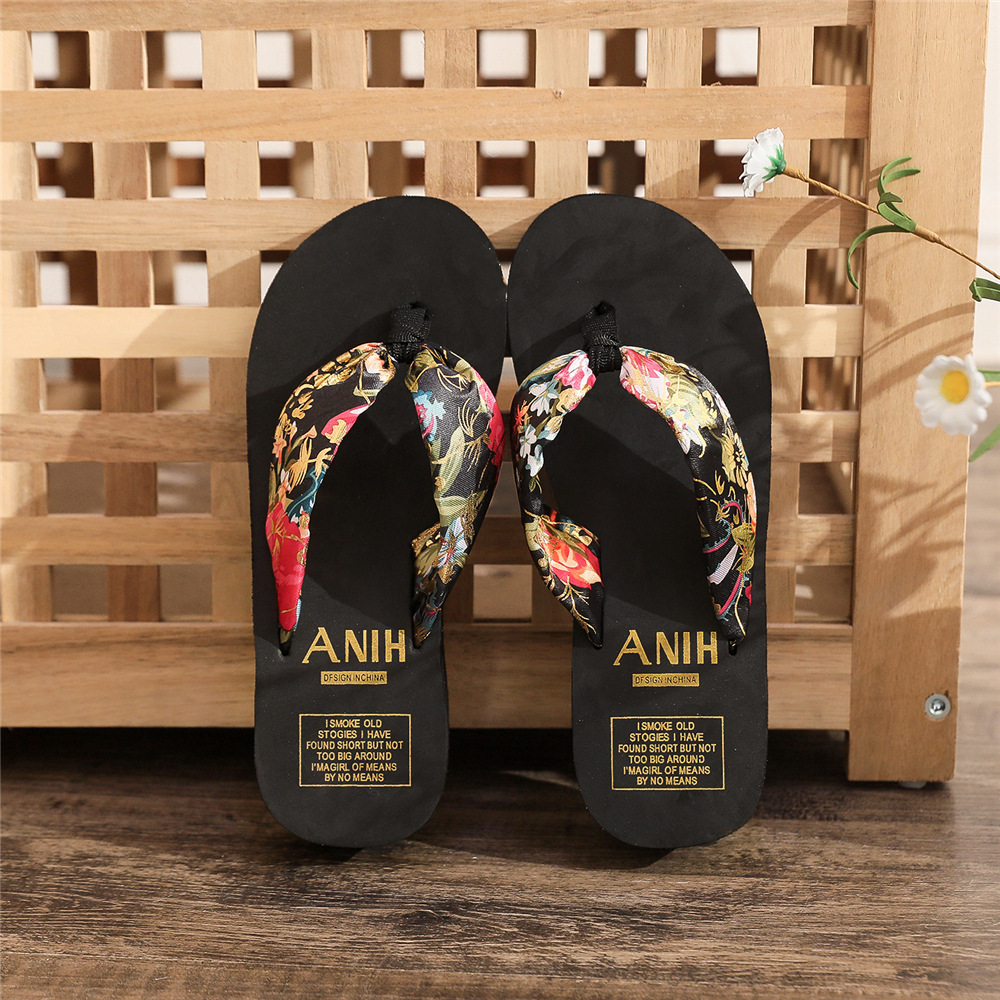 Wholesale Bronzing Printing Satin Sandals Cheap Beach Slope Heel Slipper Eva Outdoor wedge heel flip flops for Women