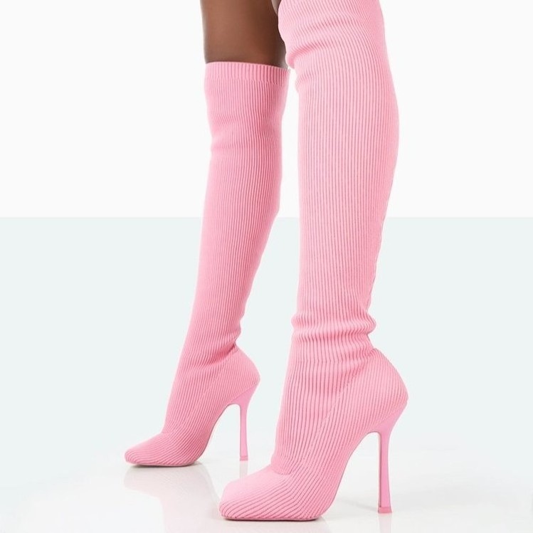 plus size high quality pointed toe thick heel knitted over-the-knee boots women's elastic socks pink boots thigh high boots