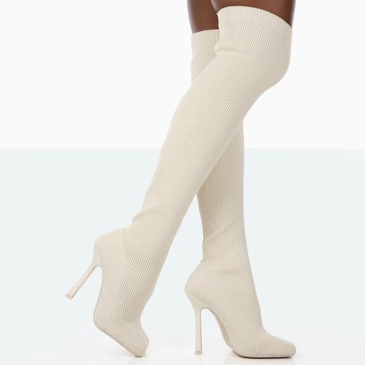 plus size high quality pointed toe thick heel knitted over-the-knee boots women's elastic socks pink boots thigh high boots