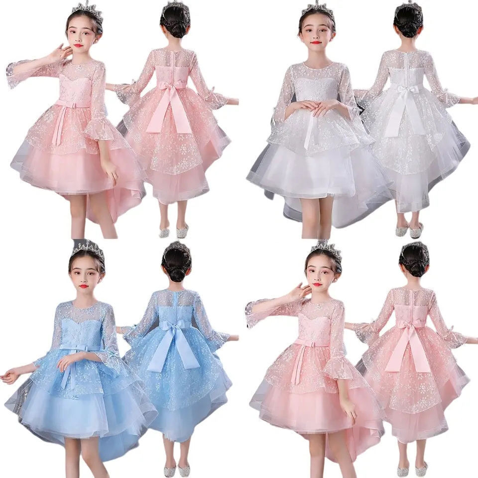 High Quality Embroidery Beaded Bow Kids Clothing Flower Girls Wedding Bridesmaid Dresses White Children Pageant Party Frock